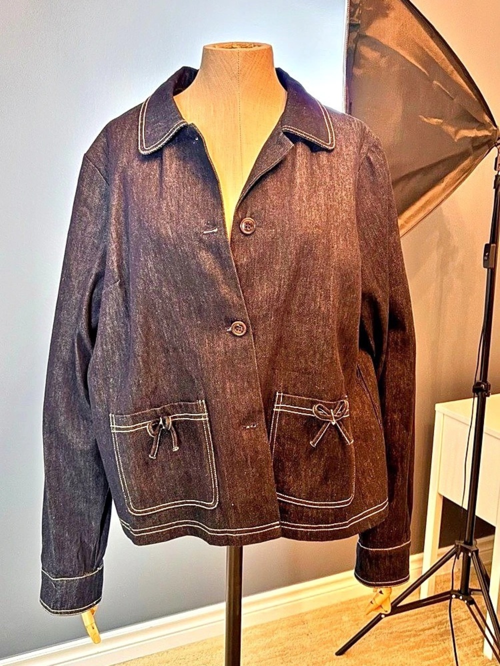Motel Bow Embellished Denim Jacket Size Large. Dark blue denim